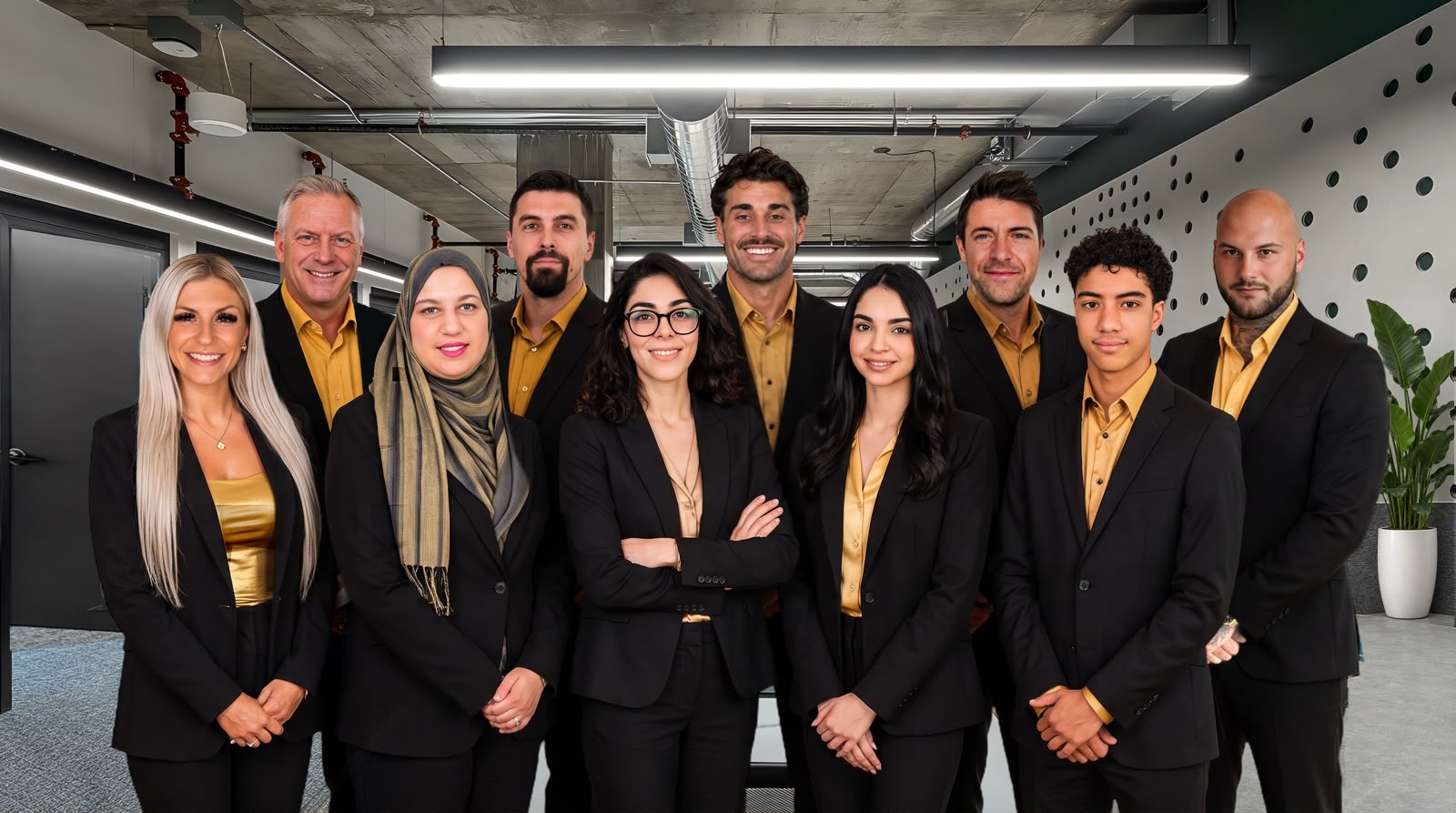 L'équipe de JD Prestige — dix professionnels certifiés en tenue noir et or, entrepreneur général institutionnel à Montréal